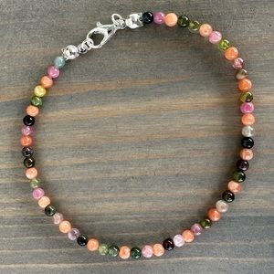 Natural gemstone bracelet- Tourmaline & Peach Moonstone -8 inches, beads are 3mm